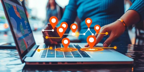 Local Search Engine Optimization Concept With People Placing Location Pins On Laptop Screen, Marketing Strategy To Improve Online Visibility And Attract Nearby Customers