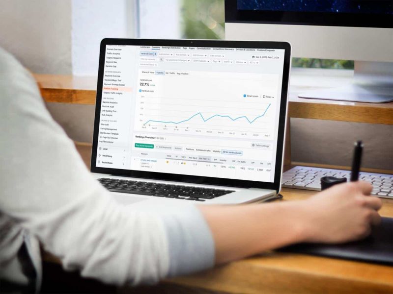 Employee At An Omaha Seo Agency Reviewing Analytics On Laptop.